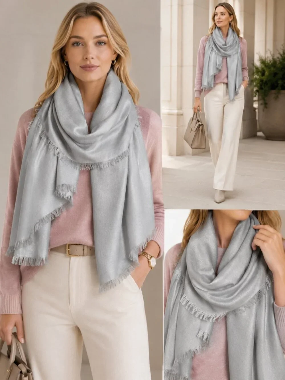 Nordstrom Grey Cashmere Silk Eyelash Trim Wrap Scarf Sconce Print NWT
